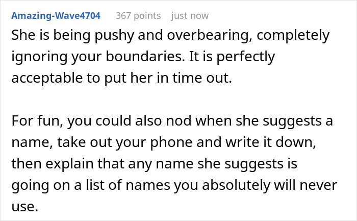 Text from a discussion about someone being pushy and overbearing in baby name suggestions.