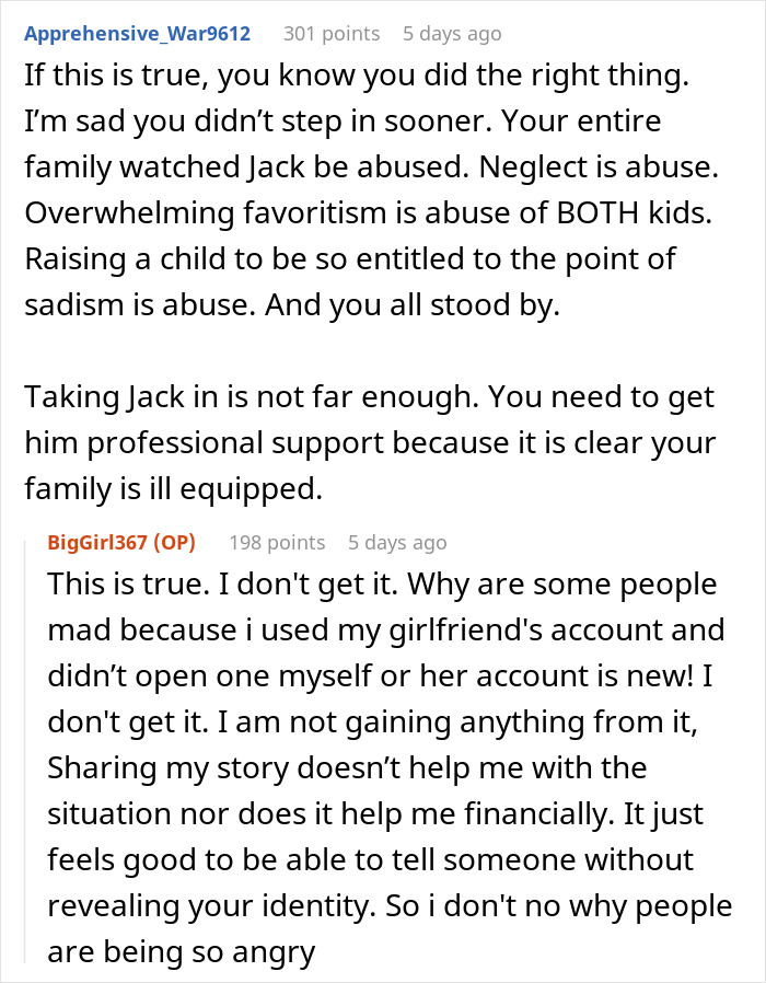 Discussion comments about uncle taking in nephew after family conflict over favoritism.