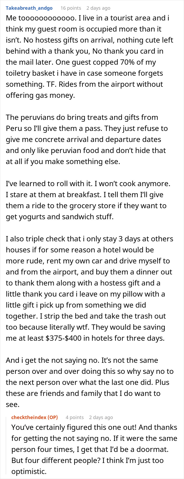 Text conversation about houseguests treating a woman's home like a hotel without showing appreciation.