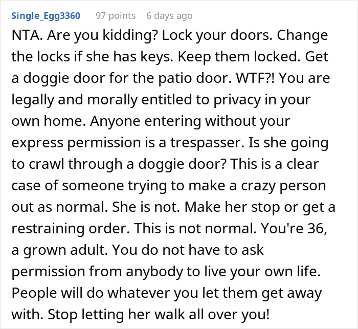 Comment on privacy, advocating for boundaries with a mom entering her daughter's home uninvited. Comment on privacy, advocating for boundaries with a mom entering her daughter's home uninvited.