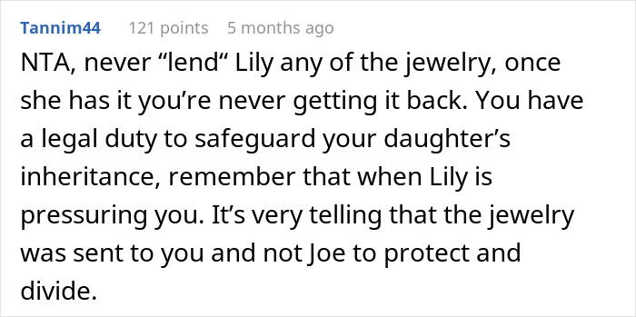 Reddit comment discussing refusal to lend jewelry between family members. Reddit comment discussing refusal to lend jewelry between family members.
