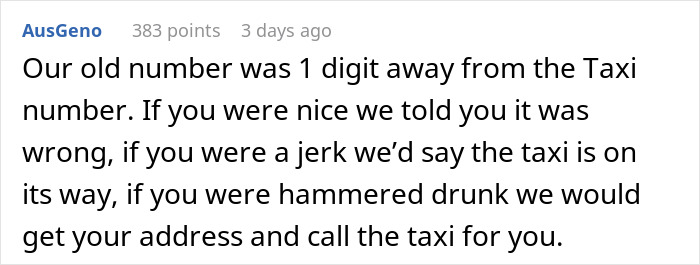 Text about using a phone number for taxi calls, humorously describing various reactions to incorrect calls.