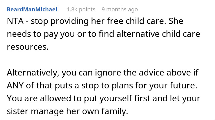 Reddit comment advising a teen to prioritize her future over babysitting her sister's kids, suggesting paid alternatives.