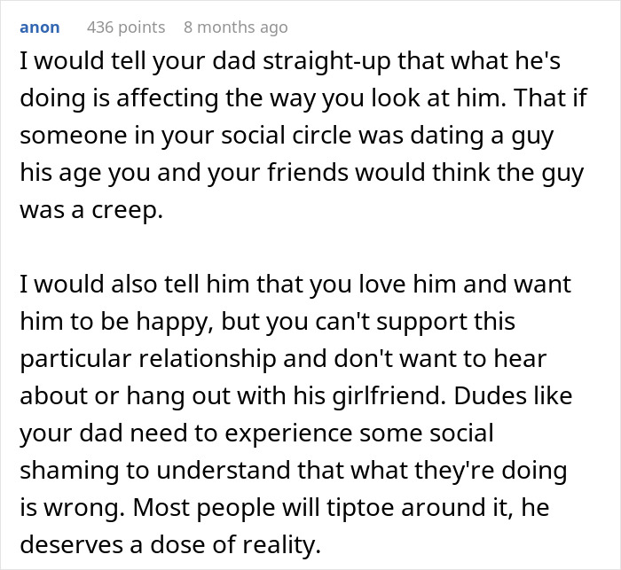 Text advice on a forum discussing discomfort with dad's younger girlfriend; seeks relationship guidance.
