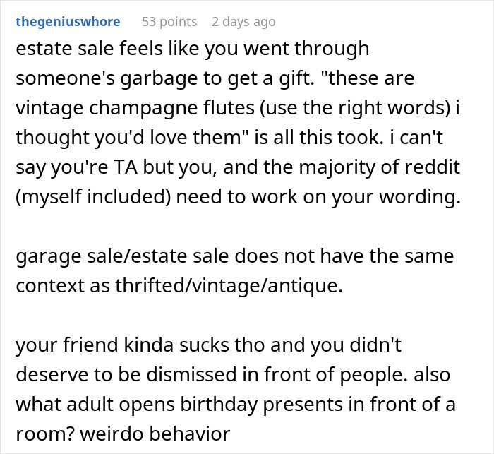 Reddit comment discussing the perceived value of estate sale gifts and social etiquette related to gifting.