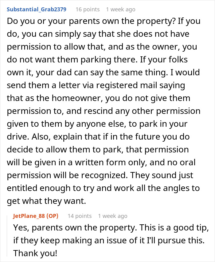 Text conversation about parking permission related to mom with dementia and property ownership.