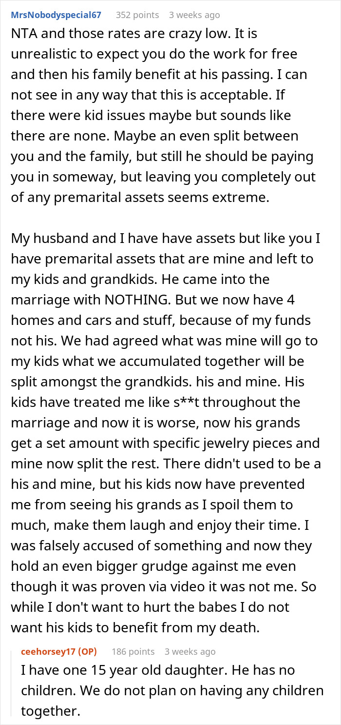 Reddit discussion about excluding partner from will and consequences on property remodeling decision.