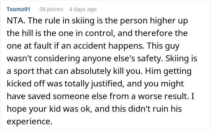 Text comment about skiing safety rules and accountability on beginner trails.