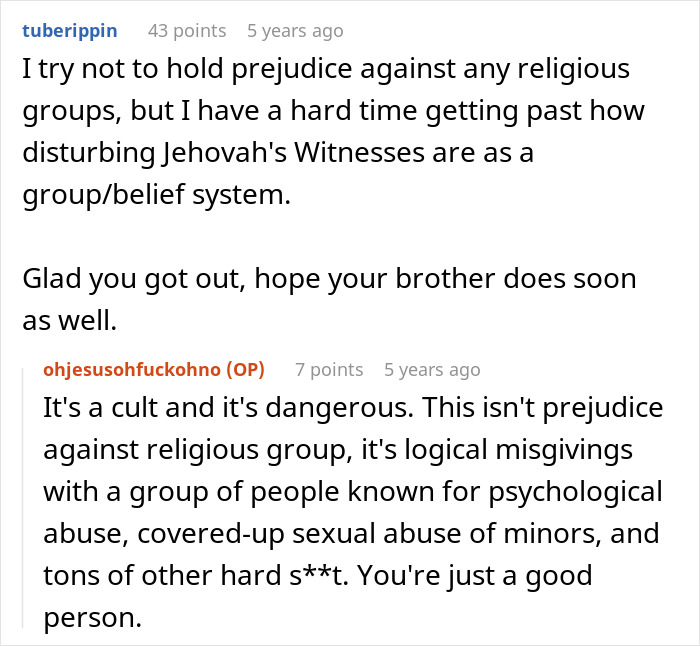 Comments discussing views on religious groups and expressing hope for a brother's wellbeing.