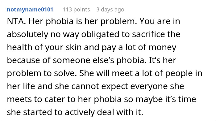 Comment discussing skin health responsibility related to acne and phobia issues.