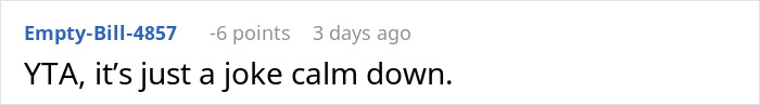 Reddit comment saying, "YTA, it's just a joke calm down," related to woman assumed to be lesbian. Reddit comment saying, "YTA, it's just a joke calm down," related to woman assumed to be lesbian.