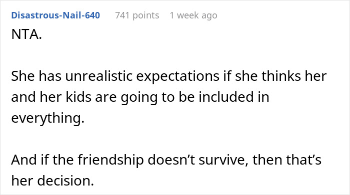 Text comment discussing unrealistic expectations and friendship issues regarding child-free vacation plans.