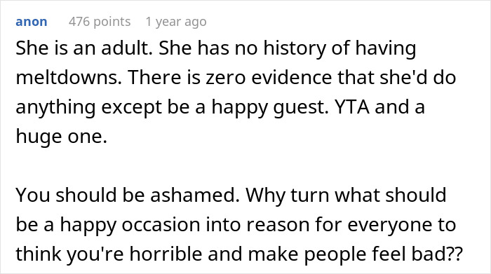 Comment on child-free wedding rule excluding a cousin with autism. Comment on child-free wedding rule excluding a cousin with autism.