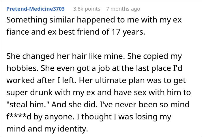 Text recounts a personal story of someone imitating another's looks and lifestyle.