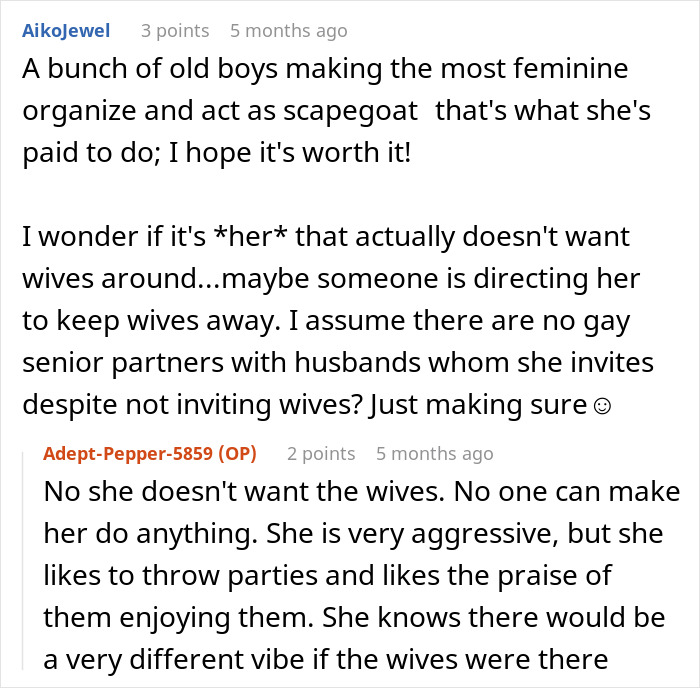 Reddit thread discussing husband's coworkers' game excluding wives, raising relationship tensions.