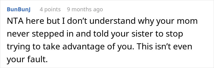 Reddit comment discussing a teen prioritizing future over babysitting for her sister.