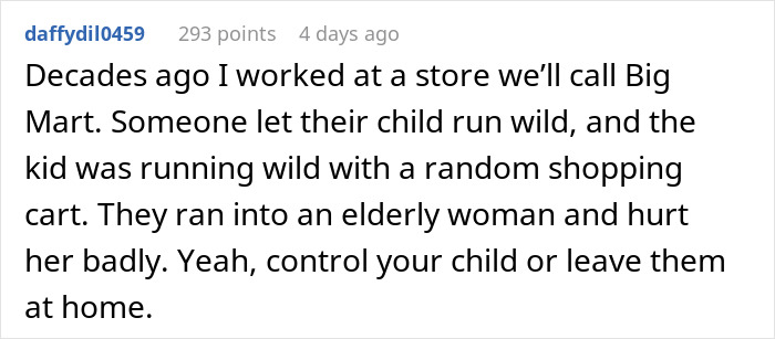 Text about kids running wild in stores, posing safety risks at Big Mart. Text about kids running wild in stores, posing safety risks at Big Mart.