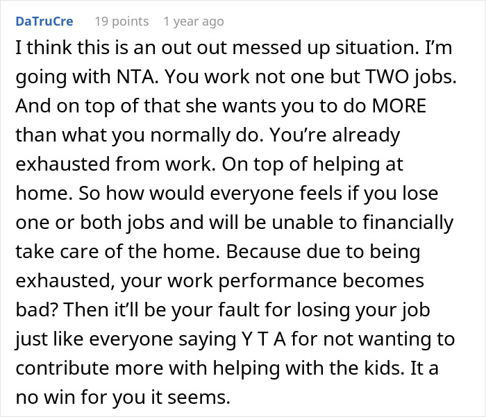 Text post expressing support for dad refusing to help with newborn twins due to exhaustion from working two jobs.