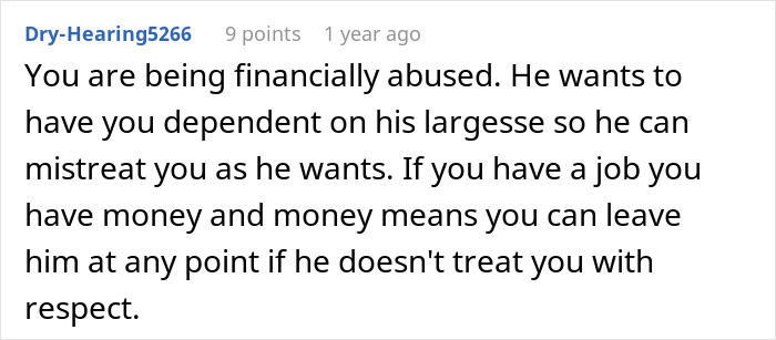 Comment discussing financial abuse and job-related marital issues. Comment discussing financial abuse and job-related marital issues.