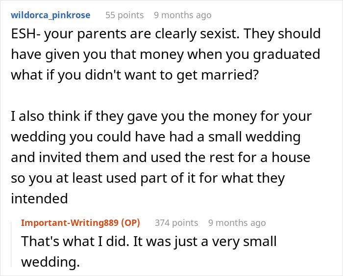 Reddit comment discussing wedding money, small wedding, and eloping. Reddit comment discussing wedding money, small wedding, and eloping.