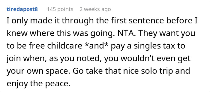 Reddit comment discussing a childfree woman's decision to skip a vacation due to sharing a room and babysitting duties.