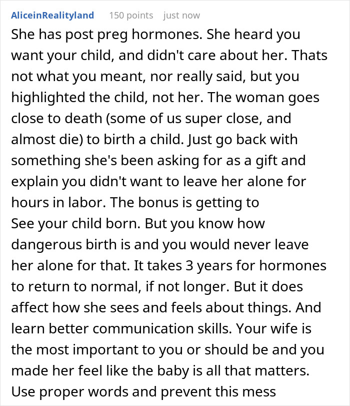 Text post discussing the emotions of a wife feeling upset during labor, emphasizing newborn and communication.