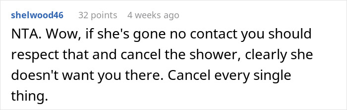 Reddit comment about entitled sister and baby shower cancelation advice. Reddit comment about entitled sister and baby shower cancelation advice.