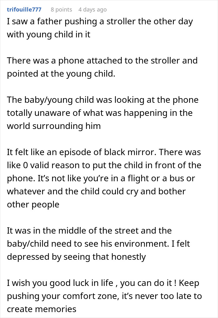 Text describing concerns about an "iPad kid" with a phone on a stroller, comparing it to a Black Mirror episode. Text describing concerns about an "iPad kid" with a phone on a stroller, comparing it to a Black Mirror episode.