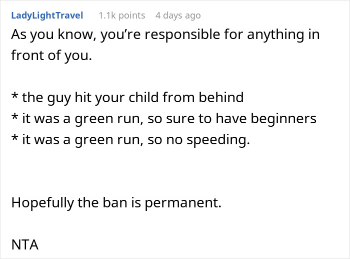 Comment discussing a guy reported to ski patrol after hitting a child on a beginner trail.