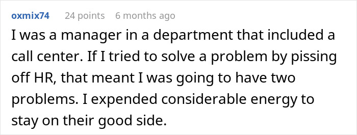 A Reddit comment about managing HR challenges in a call center. A Reddit comment about managing HR challenges in a call center.