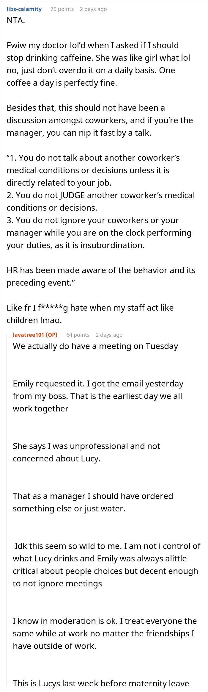 Reddit post discussing coworkers involved in an argument about buying coffee for a pregnant colleague.