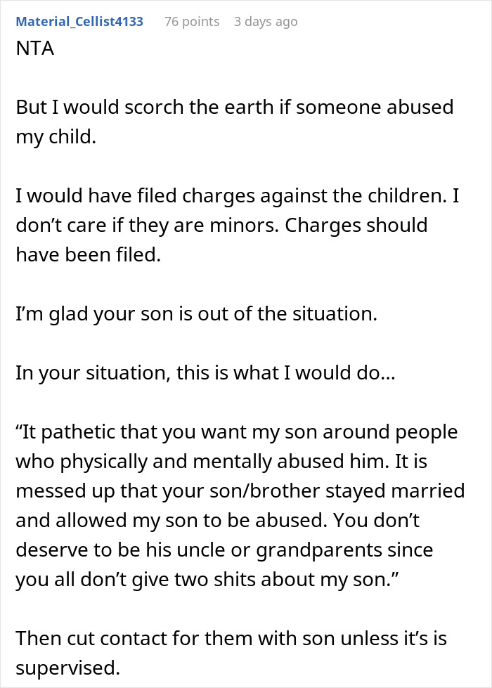 Reddit comment discussing a situation where a mom defends her son from stepsiblings' abuse.