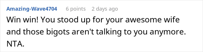 Comment praises daughter for supporting her wife against disrespectful parents. Comment praises daughter for supporting her wife against disrespectful parents.