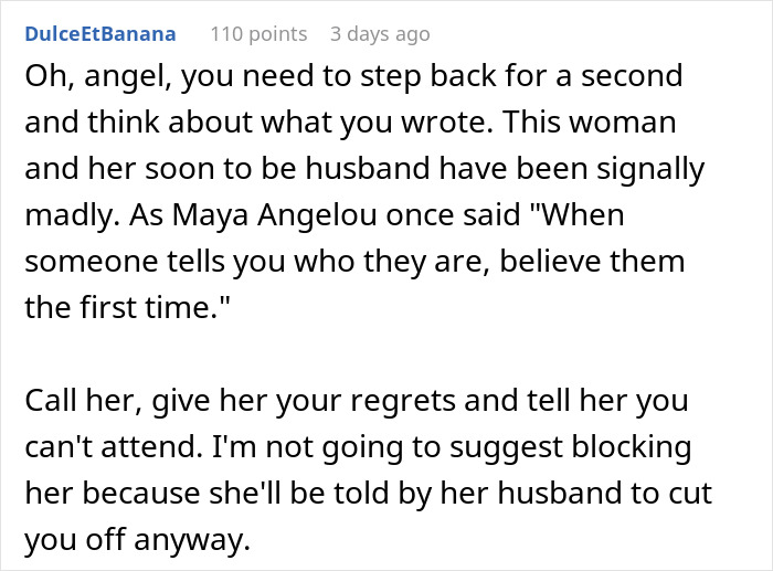 Advice for a gay woman not allowed a plus-one at a best friend's wedding, suggesting to convey regrets. Advice for a gay woman not allowed a plus-one at a best friend's wedding, suggesting to convey regrets.
