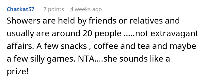 Reddit comment discussing a typical baby shower, highlighting simplicity and small gatherings. Reddit comment discussing a typical baby shower, highlighting simplicity and small gatherings.