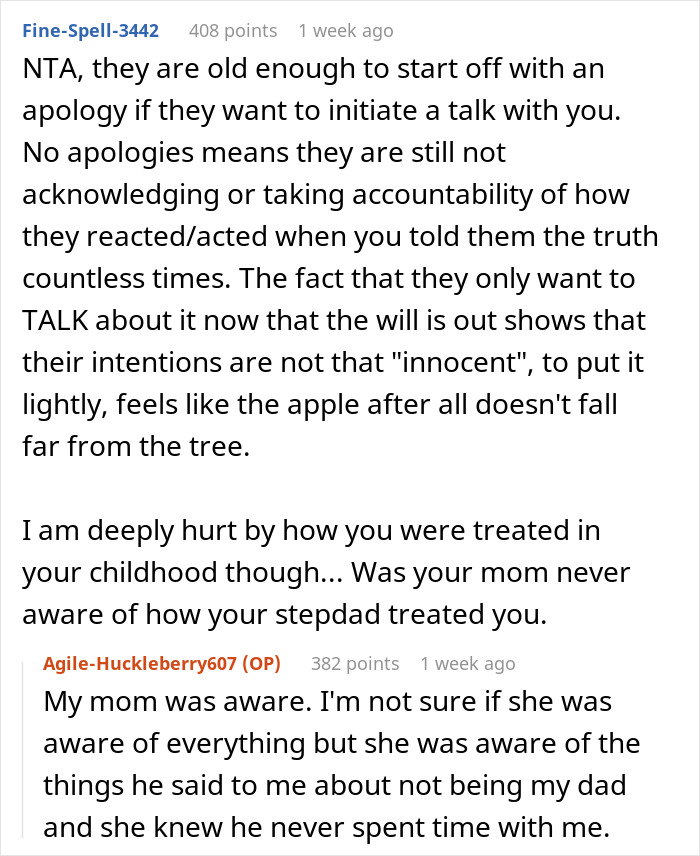 Discussion about siblings and their stepdad's will on a forum, revealing family truths and lack of apologies. Discussion about siblings and their stepdad's will on a forum, revealing family truths and lack of apologies.