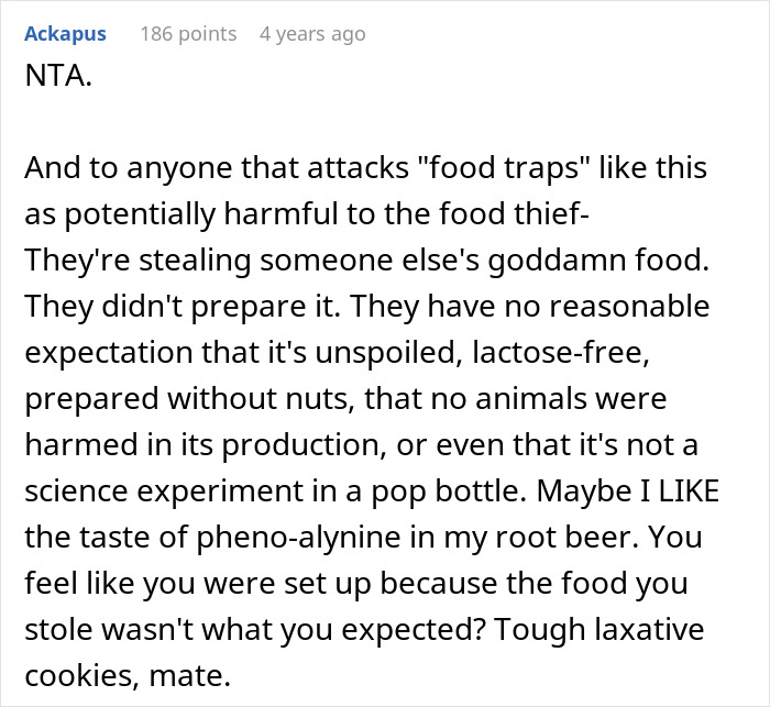 Text post defending food traps against thieves who expect unspoiled food, mentioning stealing food and tough consequences. Text post defending food traps against thieves who expect unspoiled food, mentioning stealing food and tough consequences.