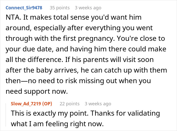 Comment discussing wife wanting husband to stay instead of going overseas before due date.