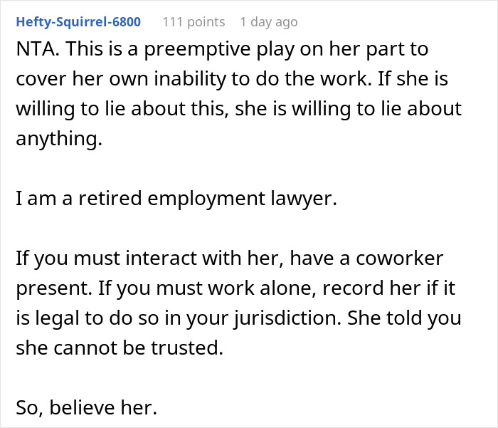 Reddit comment discussing coworker dynamics and HR issues.