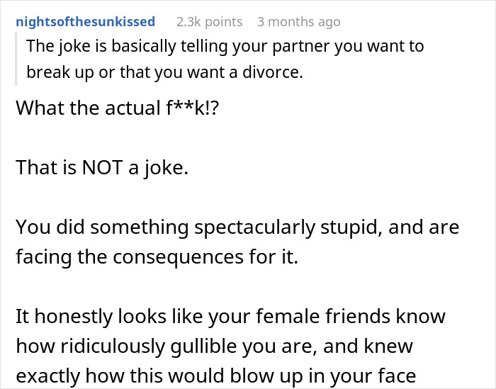 Reddit response criticizing a woman's "joke" about divorce, calling it not funny and highlighting consequences.