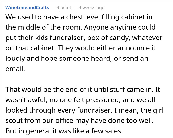 Text post about office fundraising practices, mentioning Girl Scout cookie sales and gluten issues. Text post about office fundraising practices, mentioning Girl Scout cookie sales and gluten issues.