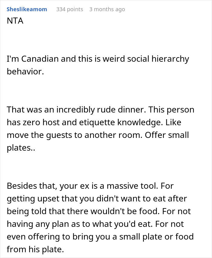Reddit comment discussing rude behavior at a dinner, criticizing host's etiquette and hospitality.