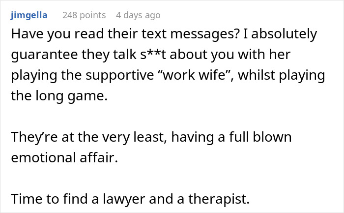 Comment discussing the presence of a &ldquo;work wife&rdquo; causing emotional strain in a marriage.