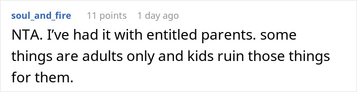 Comment discussing entitled parents and child-free events.