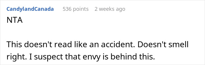 Reddit comment discussing a friend's motive for paying for a leather bag, suspecting envy as the reason.