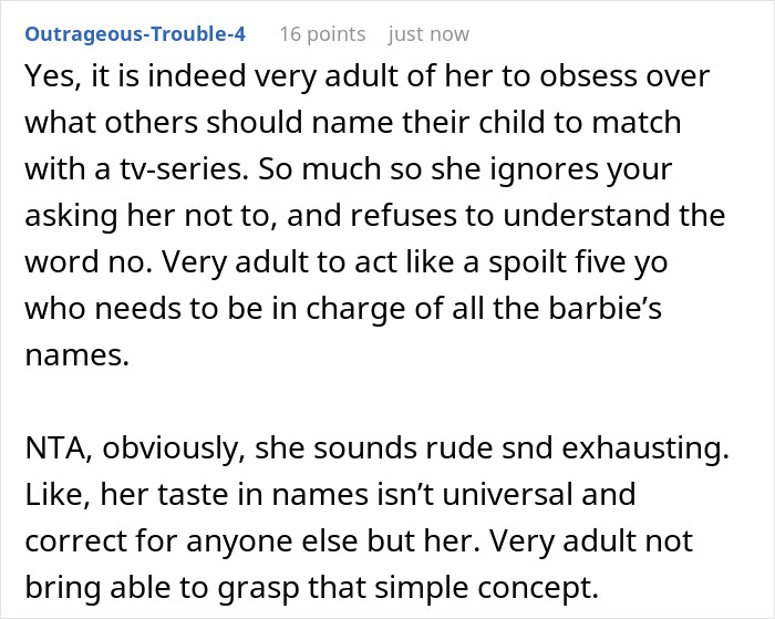 Text response criticizing a woman for insisting others name babies after "Bridgerton" characters, calling her behavior childish.