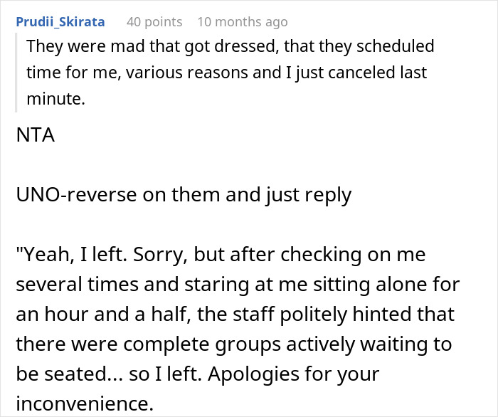 Reddit comment discussing a woman bullied for canceling her birthday dinner after no one showed up.
