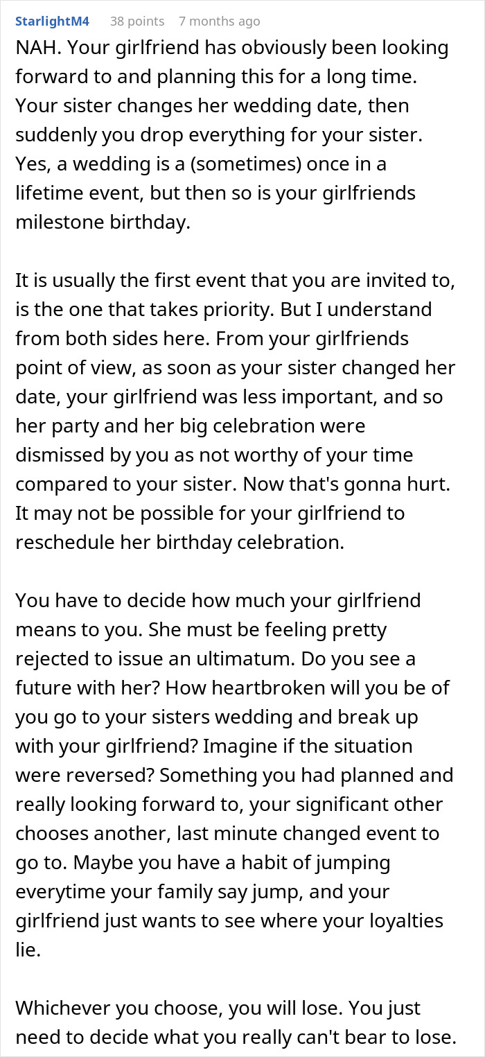 Text discussing a relationship decision involving a woman's ultimatum over attending a birthday party.