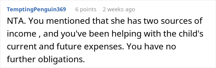 Comment advising daughter on dad&rsquo;s ex-wife and son&rsquo;s rent request, suggesting no obligation due to existing financial help.