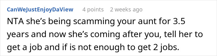 Comment on Reddit about refusing help to dad's ex-wife and son for rent.